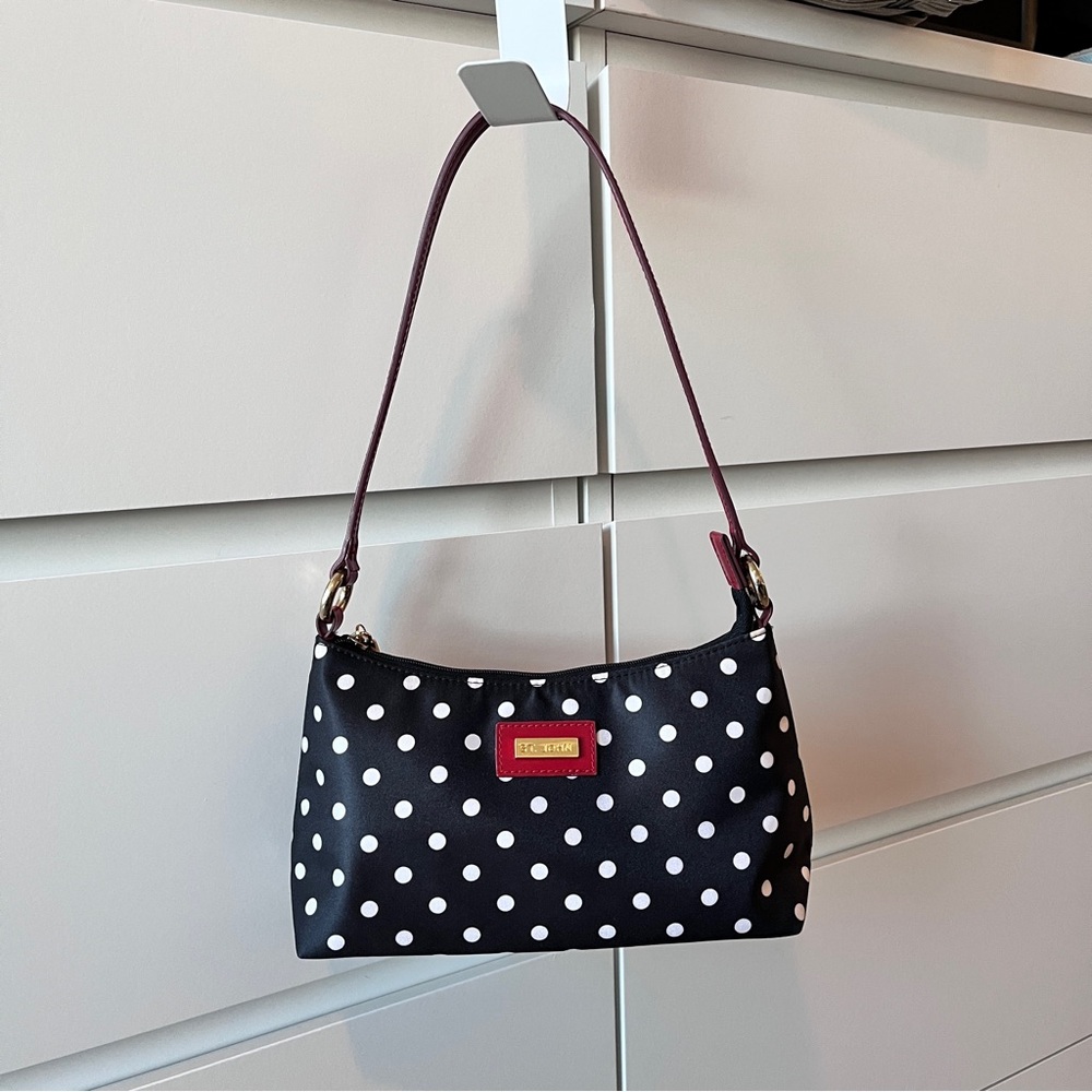 St John Black White Polka Dot Shoulder Bag with Red Leather Trim - Picture 2 of 11